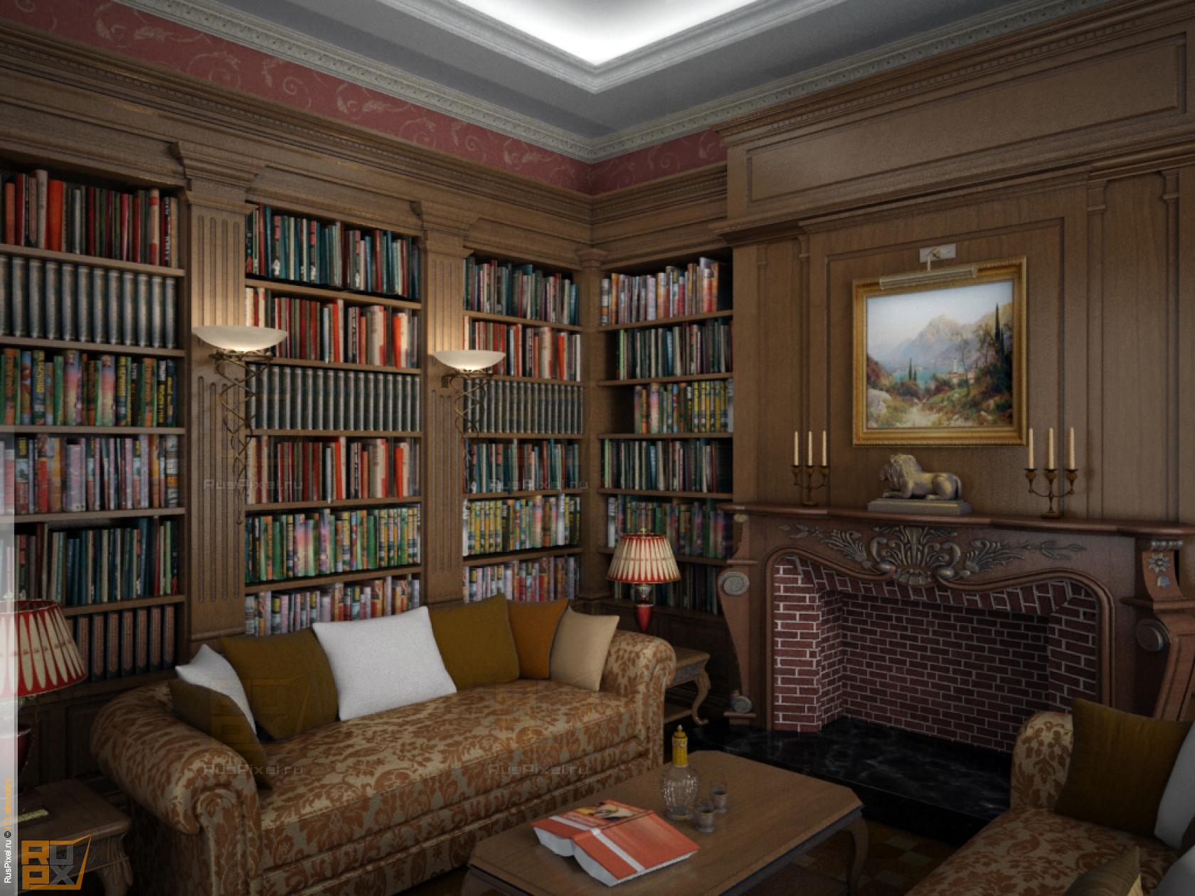 3d визуализация интерьер, каминная, вид на книжные полки 3d визуализация интерьер, каминная, вид на книжные полки