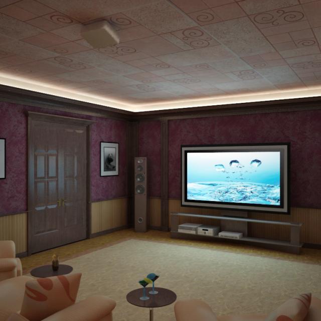 3d визуализация интерьер, кинотеатр в загородном доме, вид на экран